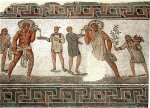 Mosaic depicting Roman slaves from second century, AD Tunisia. Image courtesy of Wikimedia Commons.